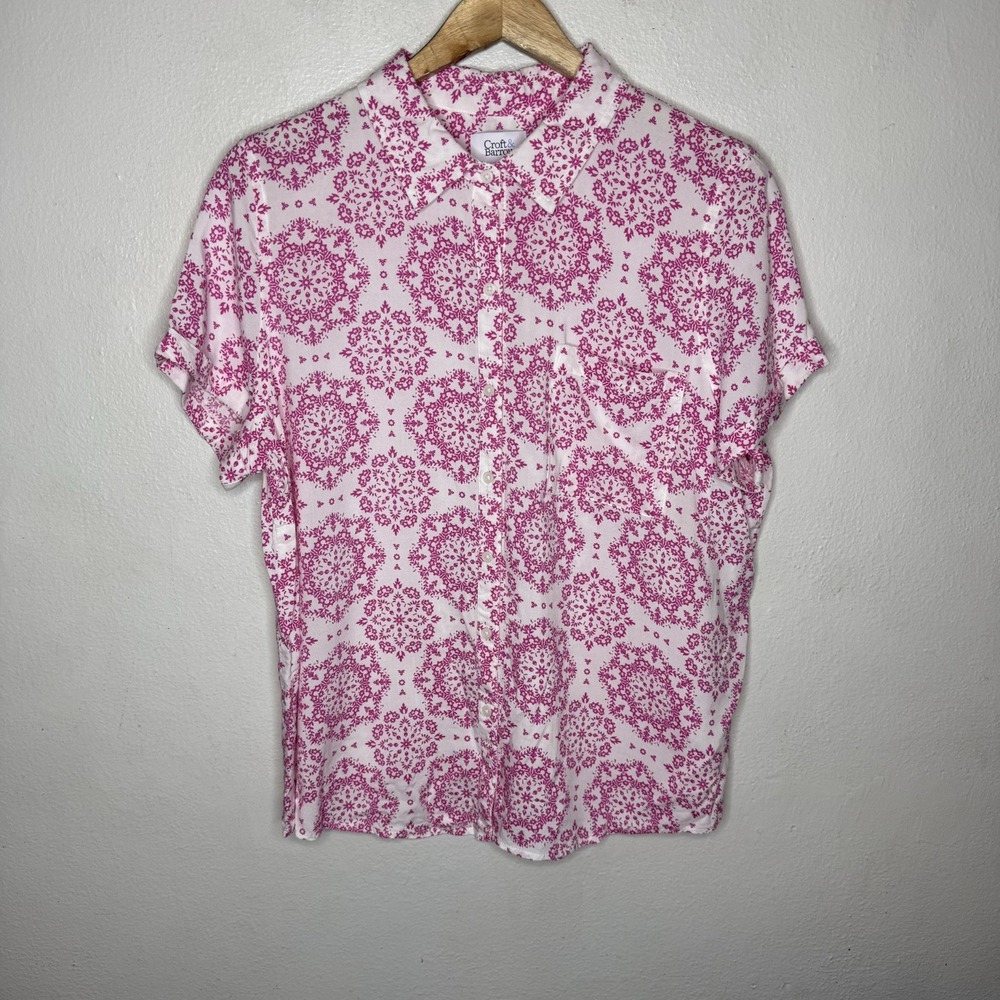 Croft And Barrow Pink White Floral Rayon Short‎ Sleeve Shirt Women's Large